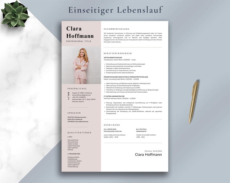 May include: A resume template with the name "Clara Hoffmann" in a modern design. The resume includes sections for professional title, personal details, skills, and experience. A gold pen rests on the right side of the resume.