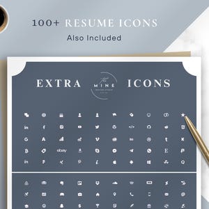 May include: A flat lay featuring a dark blue document with white icons and text, including "100+ RESUME ICONS" and "EXTRA ICONS." A gold pen and a cup of coffee are also present.