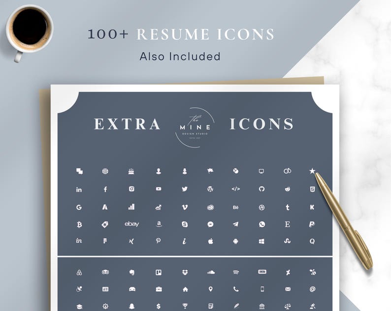 May include: A flat lay featuring a dark blue document with white icons and text, including "100+ RESUME ICONS" and "EXTRA ICONS." A gold pen and a cup of coffee are also present.