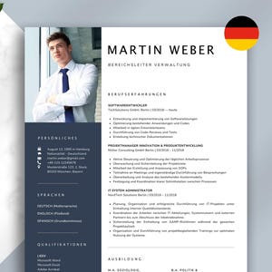 May include: A professional resume template with a photo of a man in a white shirt and blue tie. The resume includes sections for personal information, languages, qualifications, and work experience. The German flag is in the upper right corner.