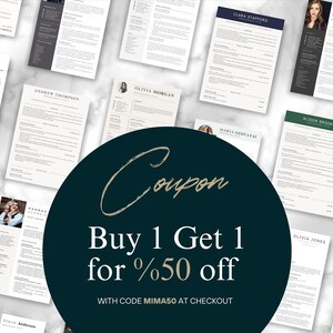 May include: A collection of resume templates with various designs and layouts. Each resume features a headshot and personal information. A dark teal circle with the text "Coupon" and "Buy 1 Get 1 for %50 off" is in the foreground.