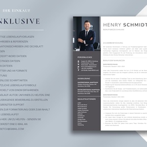 May include: A professional resume template with a photo of a man in a suit. The resume includes sections for personal information, work experience, education, and qualifications. The text is in a clean, modern font.