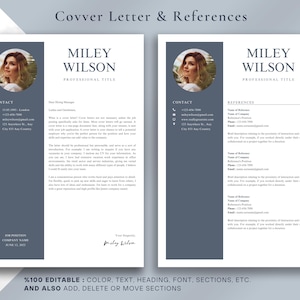May include: A professional resume template with a photo, contact information, and references. The design features a dark blue sidebar and a clean, modern layout. Text includes "MILEY WILSON" and "PROFESSIONAL TITLE".