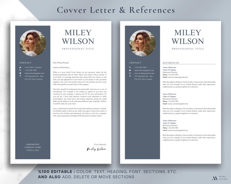 May include: A professional resume template with a photo, contact information, and references. The design features a dark blue sidebar and a clean, modern layout. Text includes "MILEY WILSON" and "PROFESSIONAL TITLE".