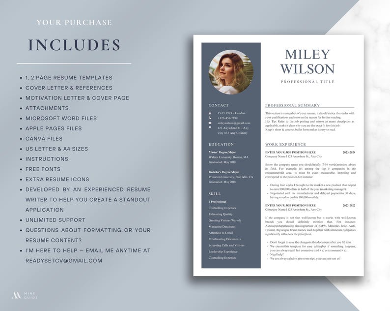 May include: A professional resume template with a photo of a woman, contact information, and sections for education, skills, and work experience. The template includes the text "MILEY WILSON" and "PROFESSIONAL TITLE". The left side lists what the purchase includes.