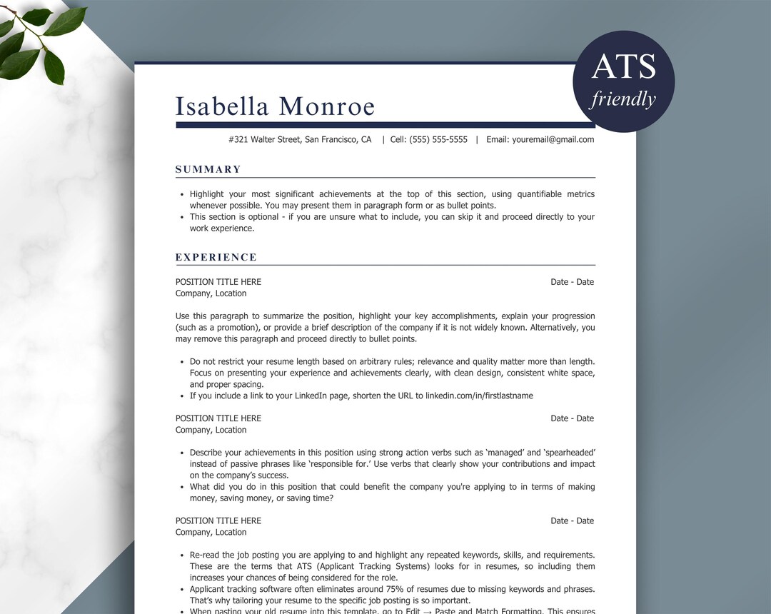 ATS Friendly Resume Template Word, Pages, Canva, ATS Resume, ATS Cv ...
