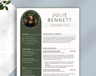 May include: A CV template with a photo in a circular frame. The document features the name "JULIE BENNETT" in a bold, dark green font. Contact, education, skills, and work experience sections are included.