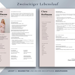 May include: A two-page resume template featuring the name "Clara Hoffmann" and the title "Professional Title" in a modern, clean design. The resume includes sections for personal details, qualifications, and work experience, with a photo of a person in a pink suit.