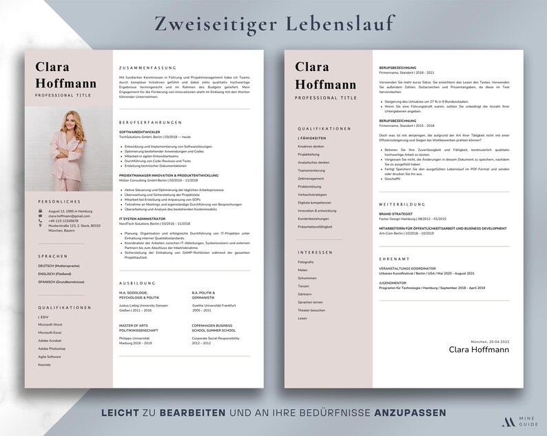 May include: A two-page resume template featuring the name "Clara Hoffmann" and the title "Professional Title" in a modern, clean design. The resume includes sections for personal details, qualifications, and work experience, with a photo of a person in a pink suit.