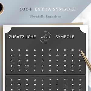 May include: A black and white graphic design with the text "100+ EXTRA SYMBOLE" and "Ebenfalls Enthalten". The design includes various icons and symbols, a cup of coffee, and a gold pen.