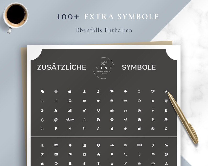 May include: A black and white graphic design with the text "100+ EXTRA SYMBOLE" and "Ebenfalls Enthalten". The design includes various icons and symbols, a cup of coffee, and a gold pen.