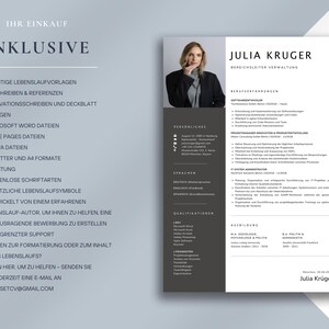 May include: A professional resume template with a photo of a woman in a blazer. The resume includes sections for work experience, education, and skills. The left side has a list of included items, such as templates and support.