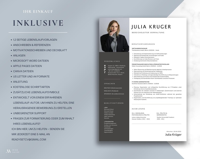May include: A professional resume template with a photo of a woman in a blazer. The resume includes sections for work experience, education, and skills. The left side has a list of included items, such as templates and support.
