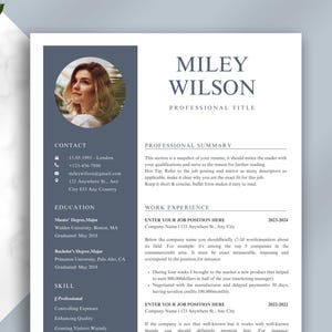 May include: A professional resume template with a photo of a woman in a circular frame. The resume includes sections for contact information, education, skills, professional summary, and work experience. The text includes the name Miley Wilson and the title "Professional Title."