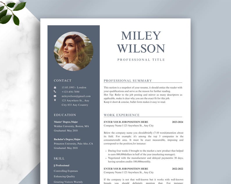 May include: A professional resume template with a photo of a woman in a circular frame. The resume includes sections for contact information, education, skills, professional summary, and work experience. The text includes the name Miley Wilson and the title "Professional Title."