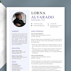 May include: A professional resume template with a photo of a woman in a circle at the top. The resume includes sections for summary, education, skills, and work experience. The text is in a dark blue font on a white background.