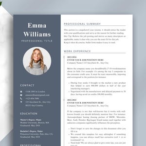 Op de afbeelding: Een professionele cv-sjabloon met een foto, contactgegevens en onderwijsinformatie. Het cv bevat secties voor professionele samenvatting en werkervaring, met tijdelijke tekst voor aanpassing.