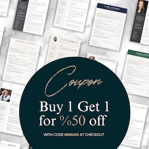 May include: A collection of resume templates with various designs and layouts. Each resume features a headshot and personal details. A dark teal circle with the text "Coupon" and "Buy 1 Get 1 for %50 off" is in the foreground.
