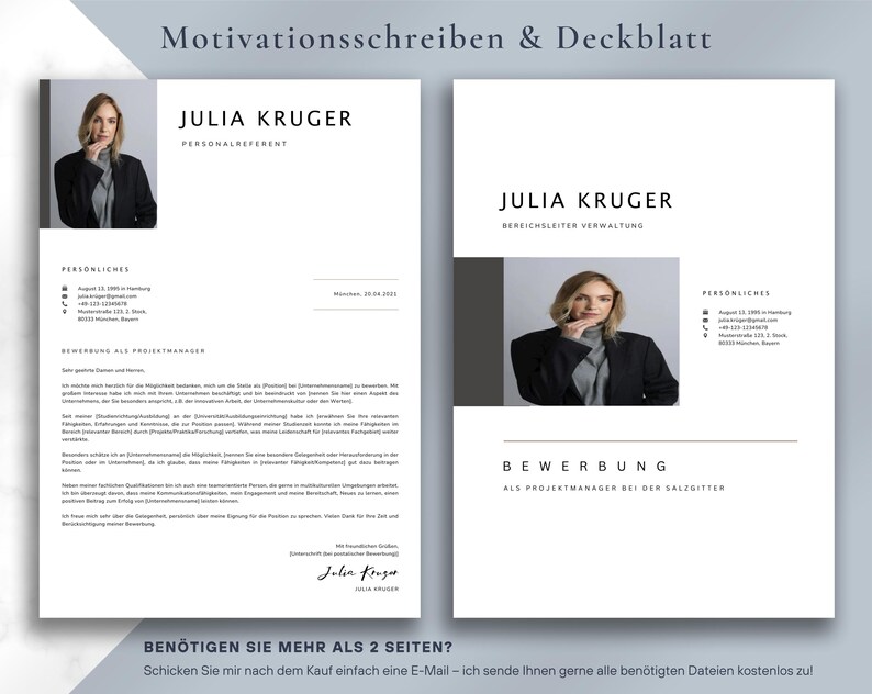 May include: A two-page resume template with the name "Julia Kruger" prominently displayed. The design is minimalist, with a headshot and personal details on each page. The text "Motivationsschreiben & Deckblatt" is at the top.