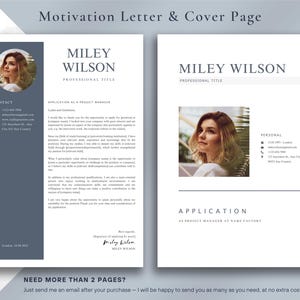 May include: A two-page resume template with a photo of Miley Wilson. The left page has a dark blue sidebar with contact information. The right page features a photo and application details. Text includes "Motivation Letter & Cover Page."