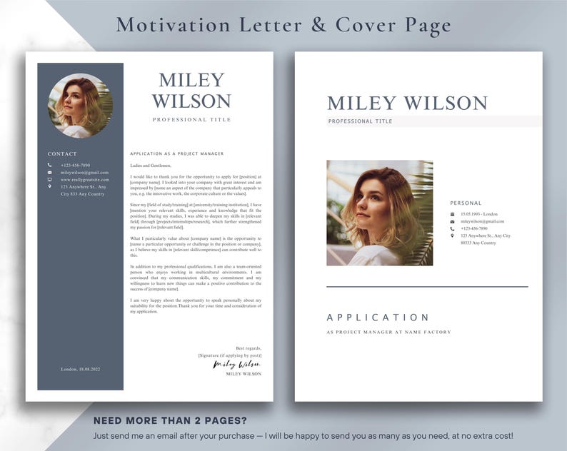 May include: A two-page resume template with a photo of Miley Wilson. The left page has a dark blue sidebar with contact information. The right page features a photo and application details. Text includes "Motivation Letter & Cover Page."