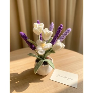 Crochet Lavender Tulip Flower Pot, Handmade Amigurumi Flowers, Calming Gift, Desk Decor, Mothers Day Gift, Sympathy Gift, Gift for Her