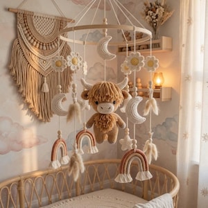 Highland Cow Baby Mobile, Crochet Nursery Mobile, Boho Crib Mobile, Neutral Baby Shower Gift