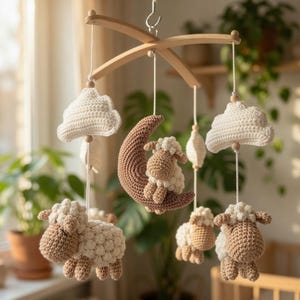 Virkad babymobil med får, spjälsängsmobil, handgjord måne- och molnmobil, neutral babydekor, babyshowerpresent, Montessoribarnrum