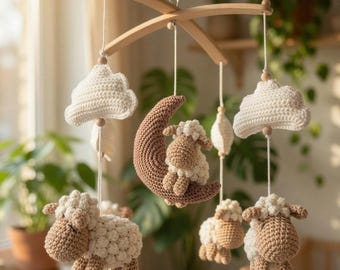 Crochet Baby Mobile Sheep, Nursery Crib Mobile, Handmade Moon & Cloud Mobile, Neutral Baby Decor, Baby Shower Gift, Montessori Nursery