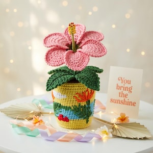 Maceta de hibisco de ganchillo, flor tropical hecha a mano, decoración de plantas amigurumi, regalo colorido para ella, regalo del Día de la Madre, decoración de verano