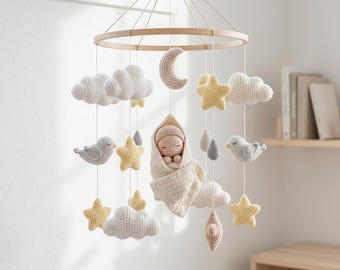 Mobiel voor pasgeboren baby's, gehaakte babywiegmobiel, decoratie voor de babykamer met slapende baby, maan- en wolkenmobiel, neutrale babymobiel, kraamcadeau