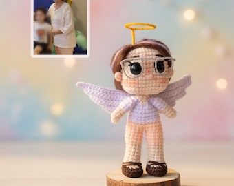 Muñeca de ángel de ganchillo personalizada, muñeca conmemorativa personalizada a partir de una foto, regalo de recuerdo, recuerdo de condolencia, muñeca retrato de ganchillo