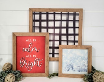 Black Wood Plaid | All is Calm All is Bright | Snowy trees layering sign set | Christmas Sign Bundle | Mantel Sign Set