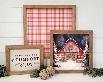 Red Plaid Wood Layering Sign Set | Christmas Sign Bundle | Mantel Sign Set | Barn Christmas | Good Tidings of Comfort and Joy