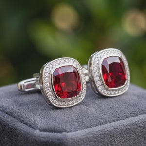 Cushion Cut Lab Ruby Sterling Silver Men's Cufflinks (10x10mm) – Groom Gift