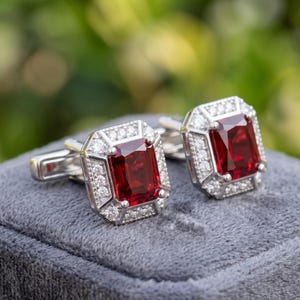 Emerald Cut Lab Red Ruby & CZ Sterling Silver Men's Cufflinks – Groom Gift