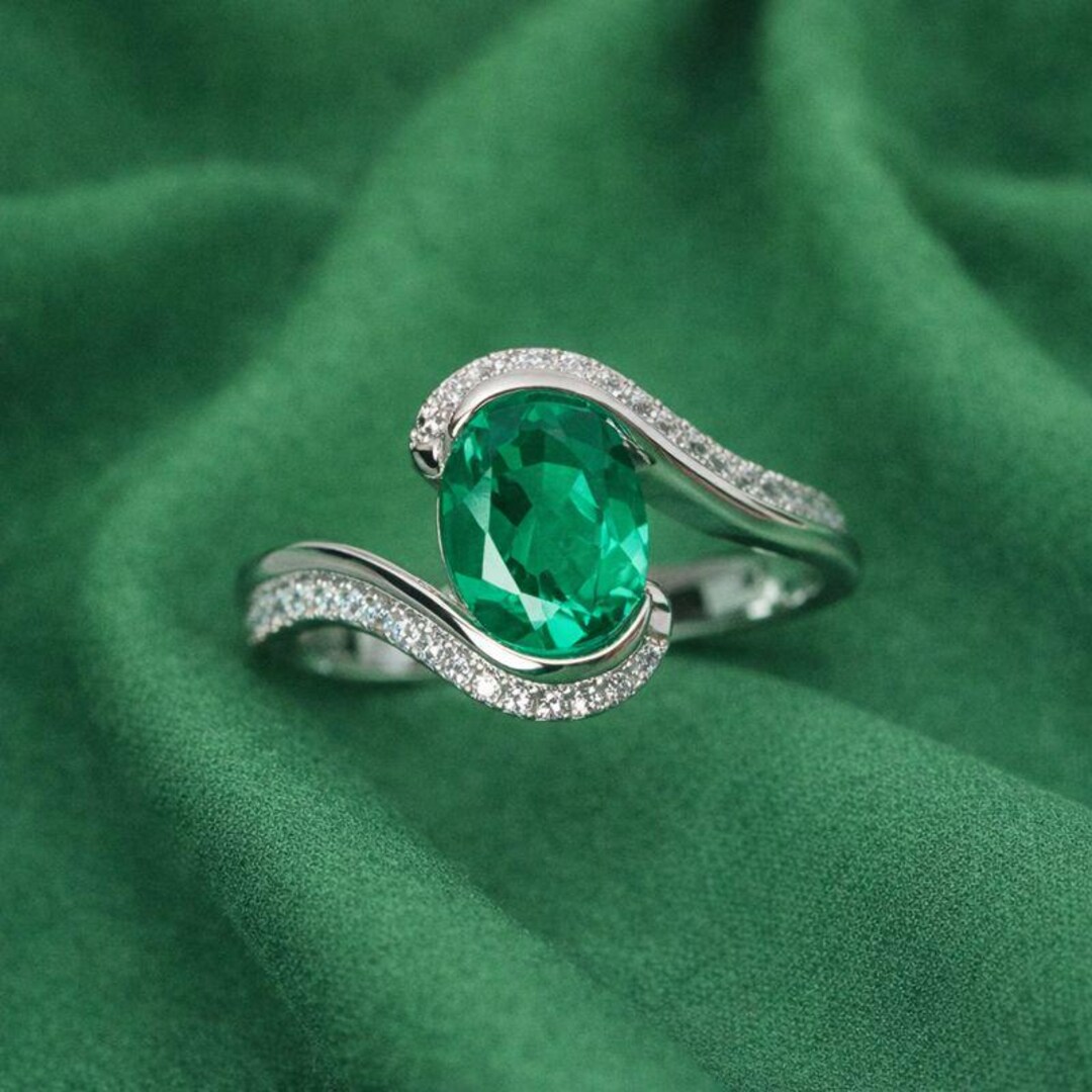Oval Lab Emerald Sterling Silver Ring, 925 Silver - Etsy