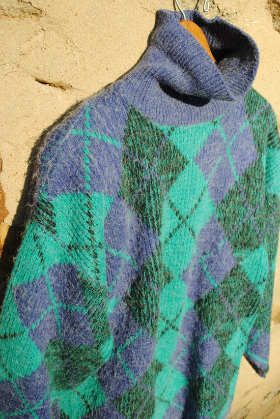 Purple and Teal Argyle Mohair Turtleneck Sweater