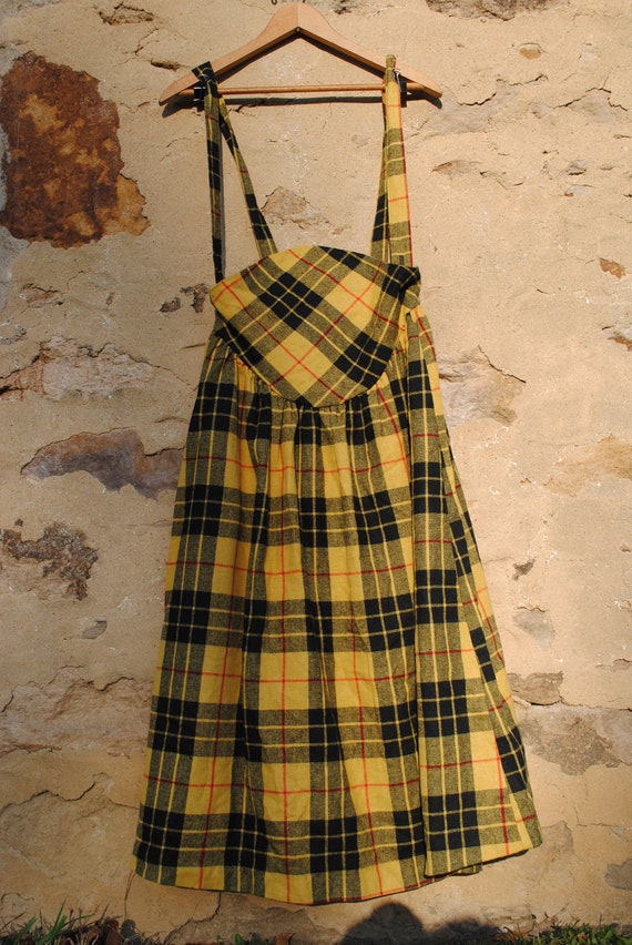 Vintage Yellow Plaid Wool Overalls Dress