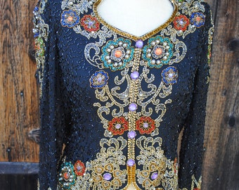 Fancy Beaded Vintage Blouse with Jeweled Trim