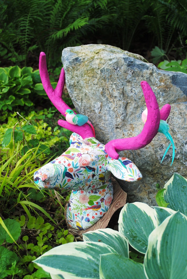 Bohemian Girls Faux Deer Taxidermy in Bird Print Put a Bird On It
