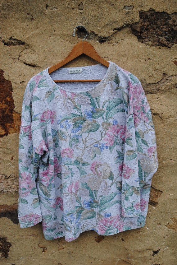 Vintage 80s Floral Print Long Sleeve Sweater in P… - image 1