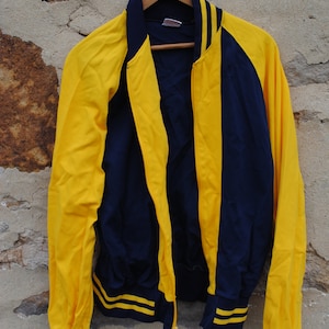 1980s Vintage Athletic Blue and Yellow Knit Warm Up Jacket