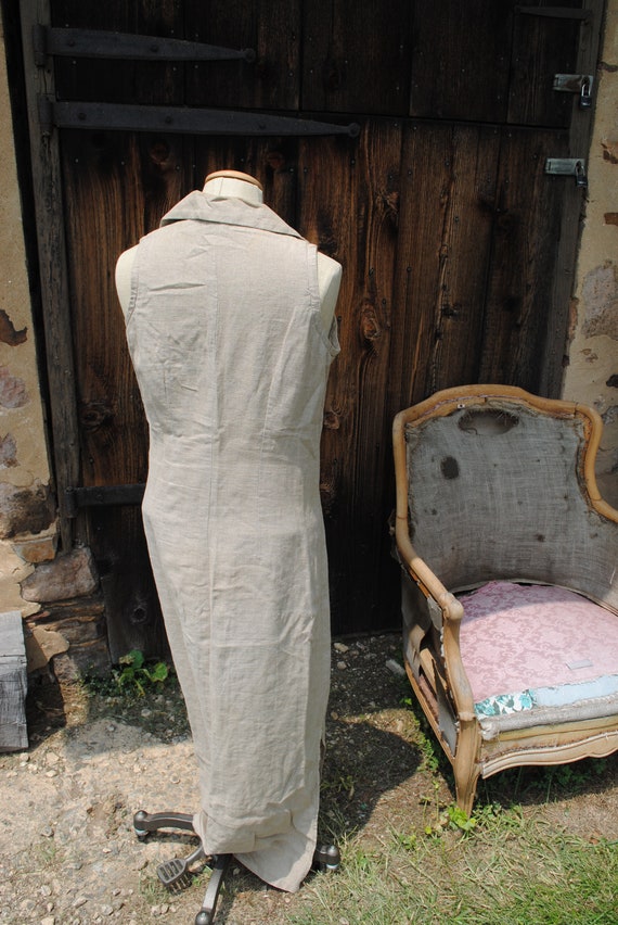 Vintage Beige Sleeveless Linen Safari Duster Dress - image 5