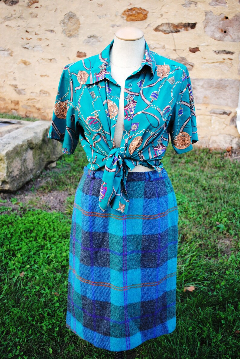 imperfect Vintage Teal and Tack 80s Equestrian Sweater and Skirt Set