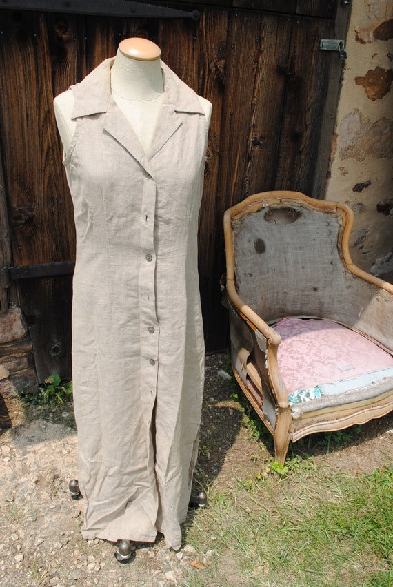 Vintage Beige Sleeveless Linen Safari Duster Dress - image 2