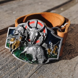 Vintage Tooled Leather Belt with Large Buffalo Cowboy Buckle