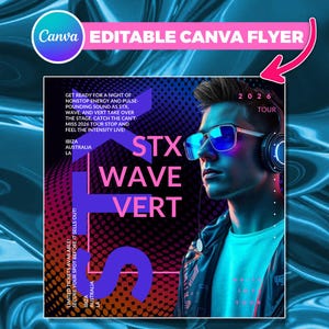 ツアーフライヤーテンプレート – 編集可能なCanvaコンサートポスター – 未来的なDJ＆ナイトクラブイベントデザイン