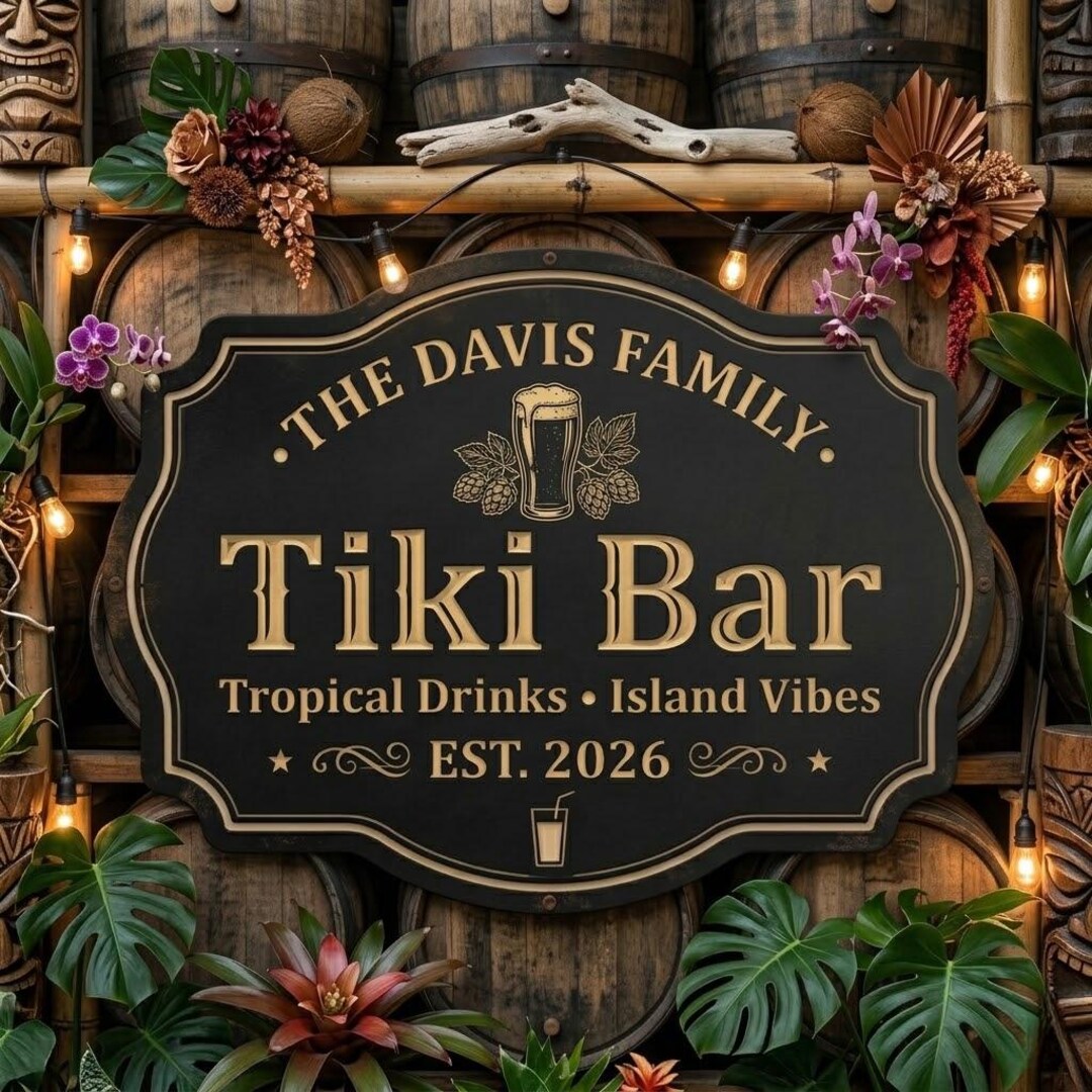 Personalized Tiki Bar Metal Sign, 3 Piece Custom Family Name Home Bar ...