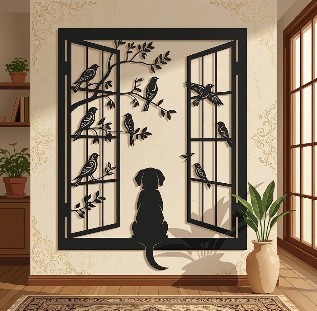 Bird Window Metal Wall Art With Dog Silhouette, Rustic Nature Wall ...